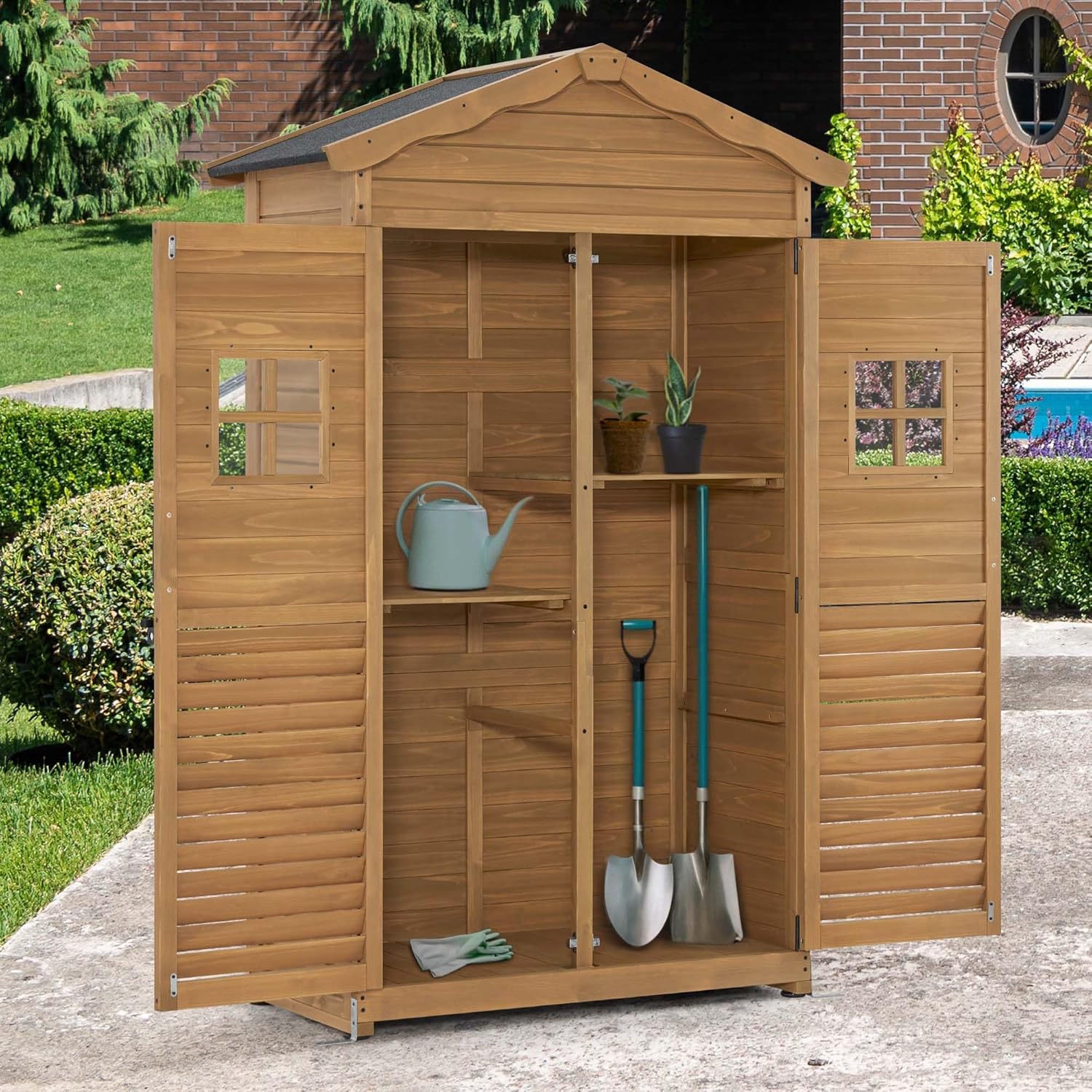M MCombo Armoire de jardin en bois résistante aux intempéries, armoire à outils extérieure 57 × 109 × 180 cm, modèle 1152, naturel