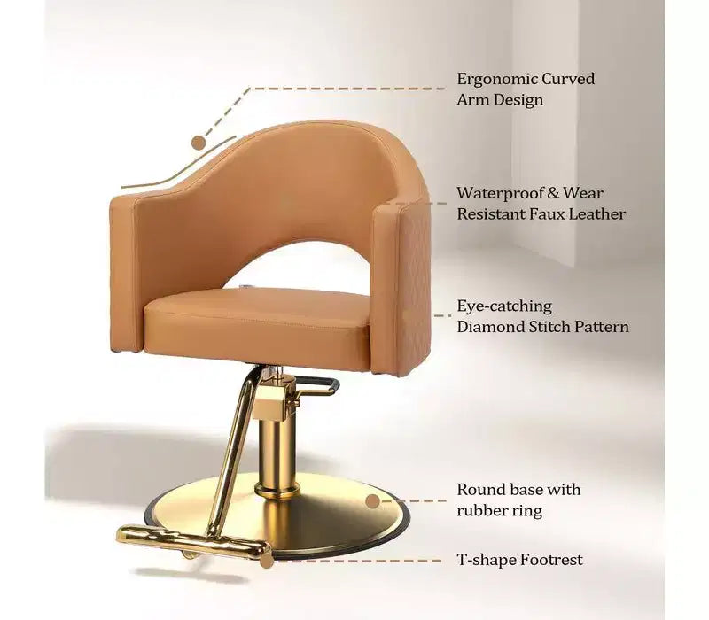 Chaise de coiffure pivotante Karl Home noire robuste à 360° avec dossier à motif losanges et repose-pieds doré