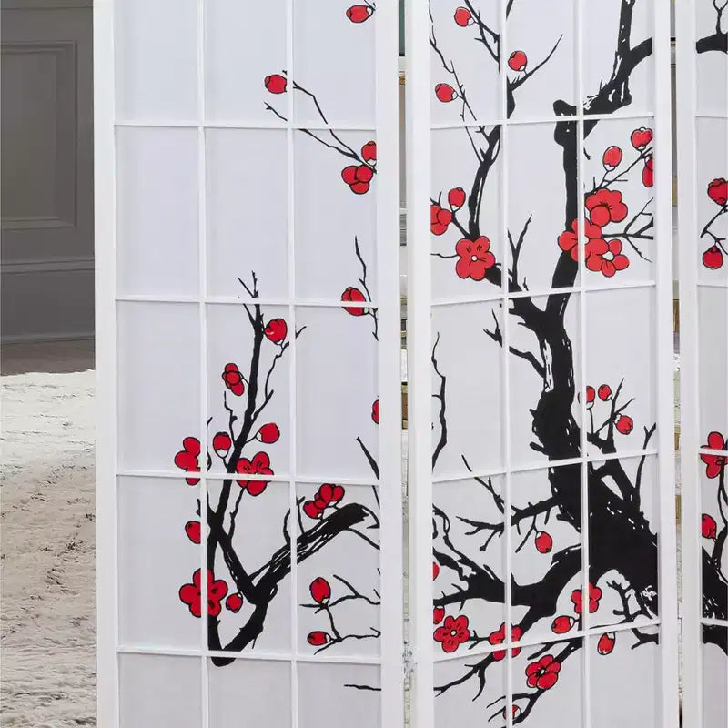 Séparateur de pièce Roundhill Furniture à 4 panneaux japonais, motif fleur de prunier