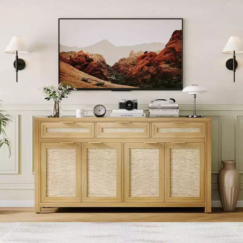 Buffet de salle à manger avec rangement de 160 cm, Bahut de style rustique avec bar à café, 3 tiroirs, 4 portes et étagères réglables pour salle à manger et cuisine