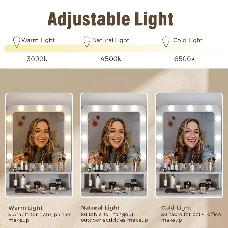 Coiffeuse avec miroir lumineux, table de maquillage Hollywood 3 couleurs dimmable avec 4 tiroirs