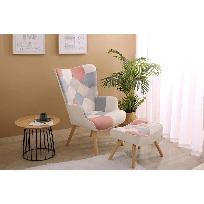 Fauteuil d'appoint avec pouf, ensemble fauteuil et pouf de salon, fauteuil d'appoint confortable pour chambre à coucher, surface en tissu à épissures créatives