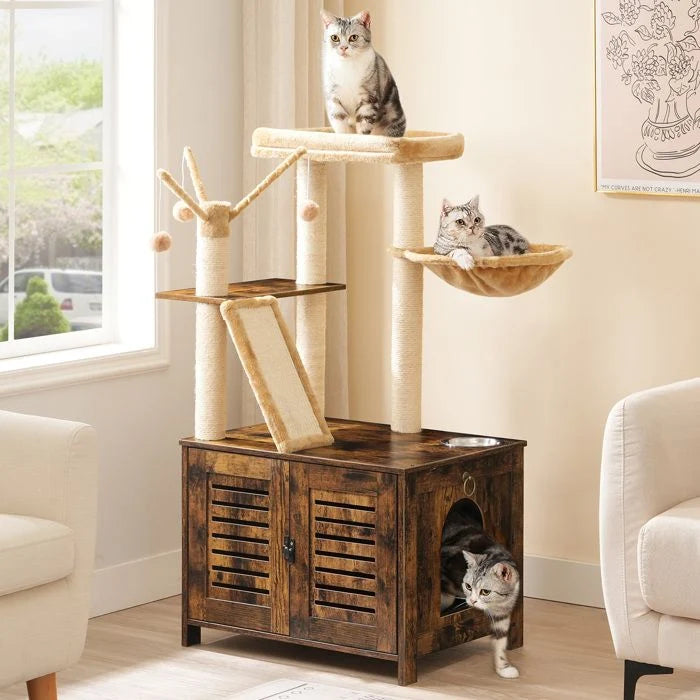 HOOBRO Arbre à Chat avec Maison de Litière pour Chat, Maison pour Chat en Bois avec Tour à Chat, Grège