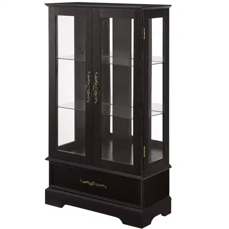 Vitrine en verre éclairée avec étagères réglables - Vitrine élégante à 2 portes et tiroir intégré, ampoule incluse