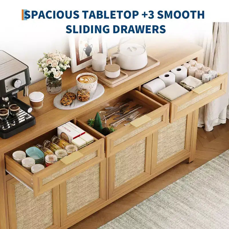 Buffet de salle à manger avec rangement de 160 cm, Bahut de style rustique avec bar à café, 3 tiroirs, 4 portes et étagères réglables pour salle à manger et cuisine