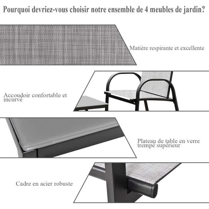 COSTWAY Ensemble Salon de Jardin 4 Places, 2 Fauteuils, 1 Canapé et 1 Table Basse en Verre, Tissu Respirant Anti-UV, Noir