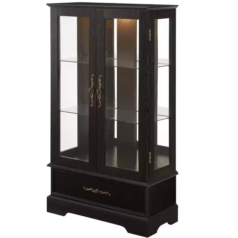 Vitrine en verre éclairée avec étagères réglables - Vitrine élégante à 2 portes et tiroir intégré, ampoule incluse