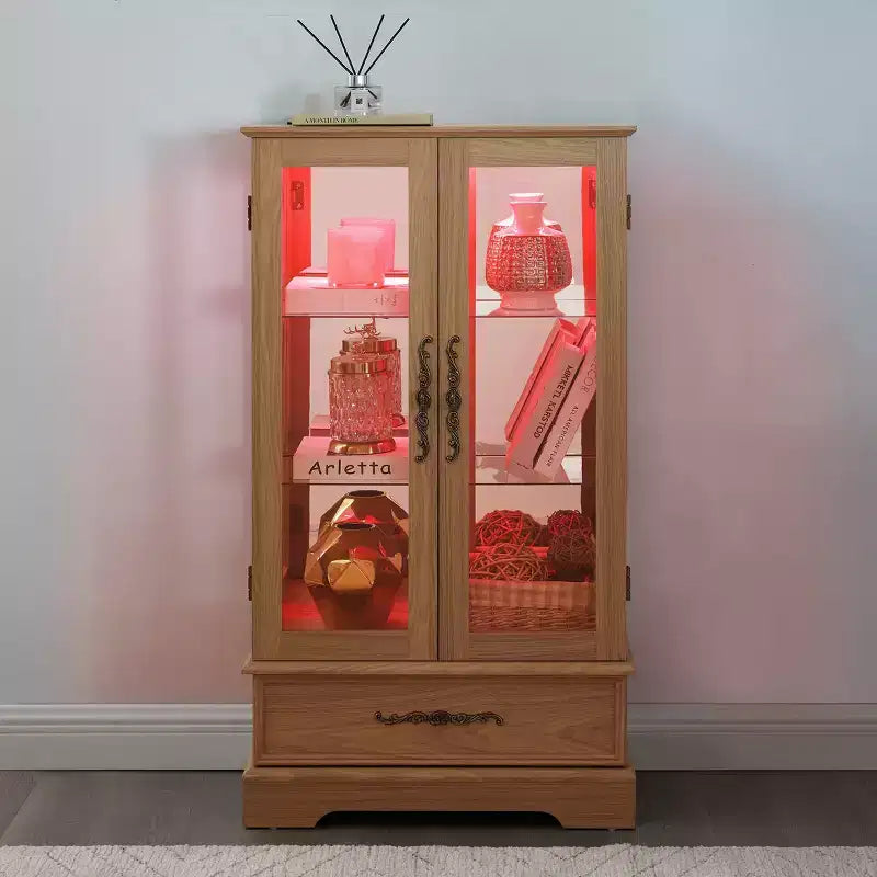 Vitrine en verre éclairée avec étagères réglables - Vitrine élégante à 2 portes et tiroir intégré, ampoule incluse