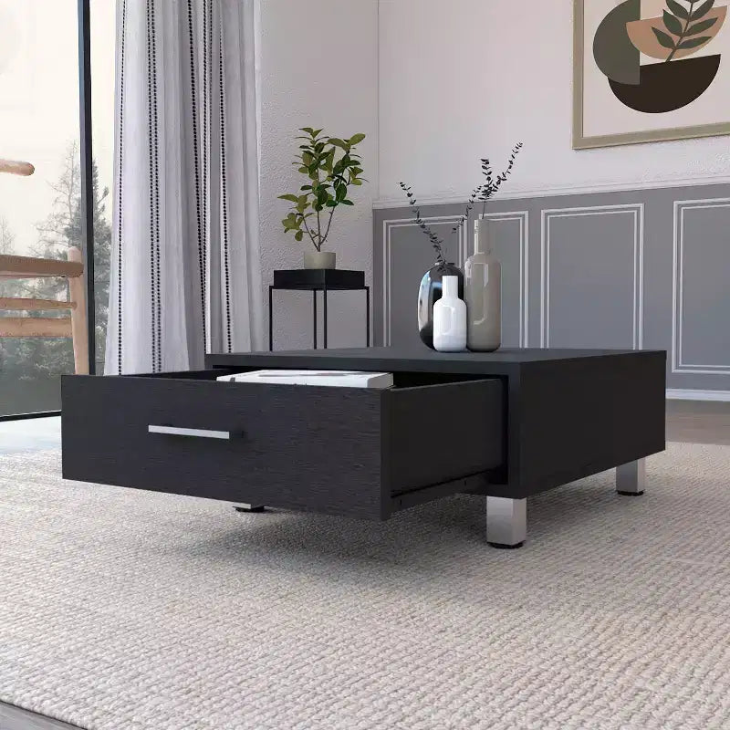 Table basse rectangulaire Wengé avec 1 tiroir, quatre pieds en métal, poignée en métal, plateau supérieur, table d'appoint pour salon