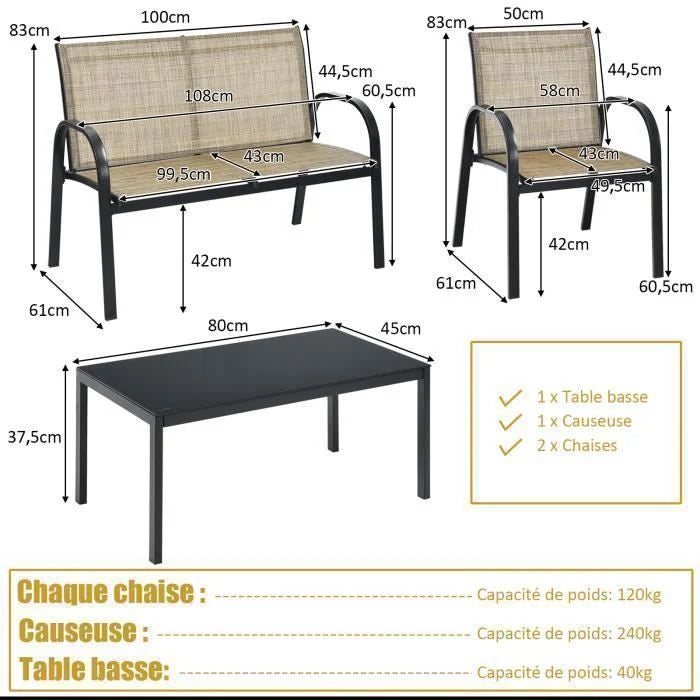 COSTWAY Ensemble Salon de Jardin 4 Places, 2 Fauteuils, 1 Canapé et 1 Table Basse en Verre, Tissu Respirant Anti-UV, Noir