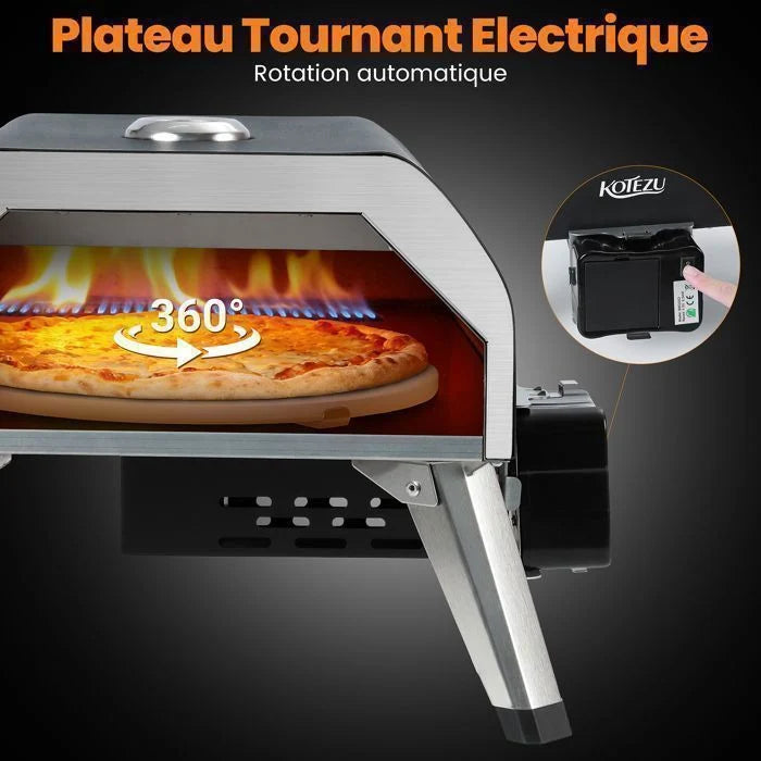 KOTEZU Four à Pizza Gaz 12", Pierre Rotative Auto, 4,4 kW, Thermomètre