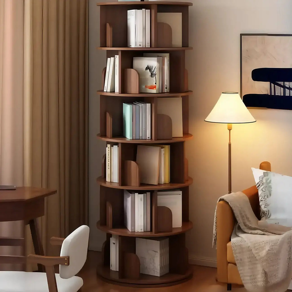 Bibliothèque cylindrique en bois brun à dos ouvert et rotative