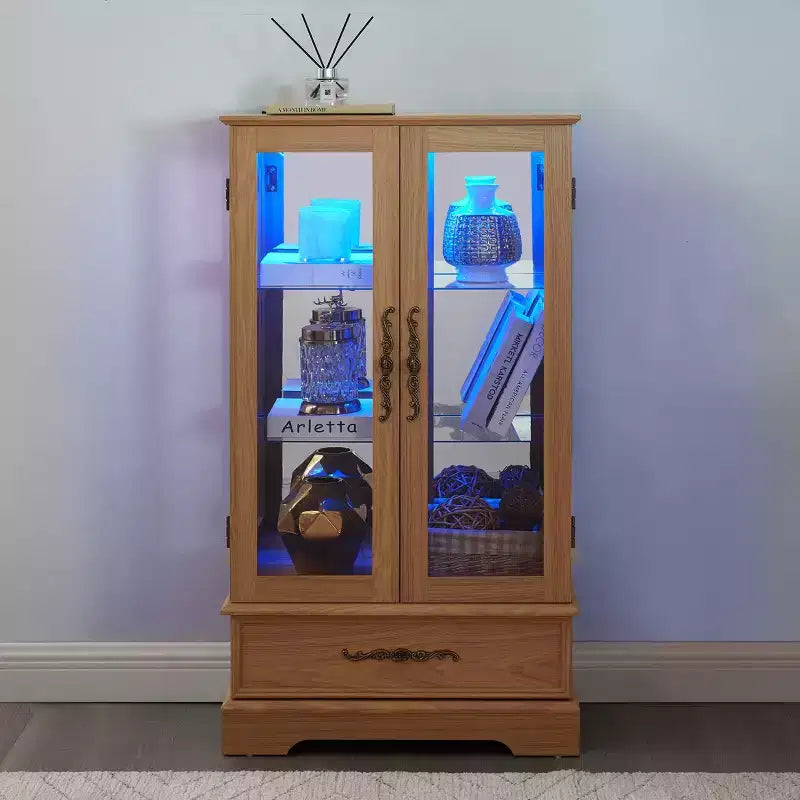 Vitrine en verre éclairée avec étagères réglables - Vitrine élégante à 2 portes et tiroir intégré, ampoule incluse
