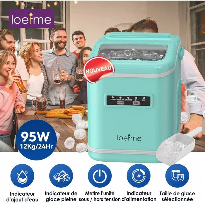 Machine à glaçons verte 12kg/24h, réservoir 1.4L, 9 glaçons en 6min, silencieuse, autonettoyante, 2 tailles de glaçons, avec poignée