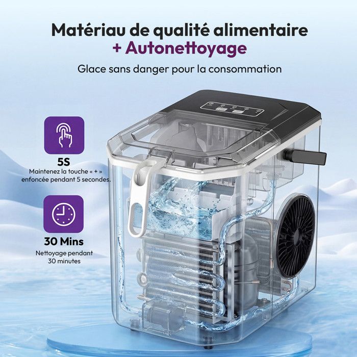 LOEFME Machine à glaçons 1.2L-9 Glaçons en 6 min 12kg/24h- autonettoyante silencieuse, deux tailles de glace，Avec support