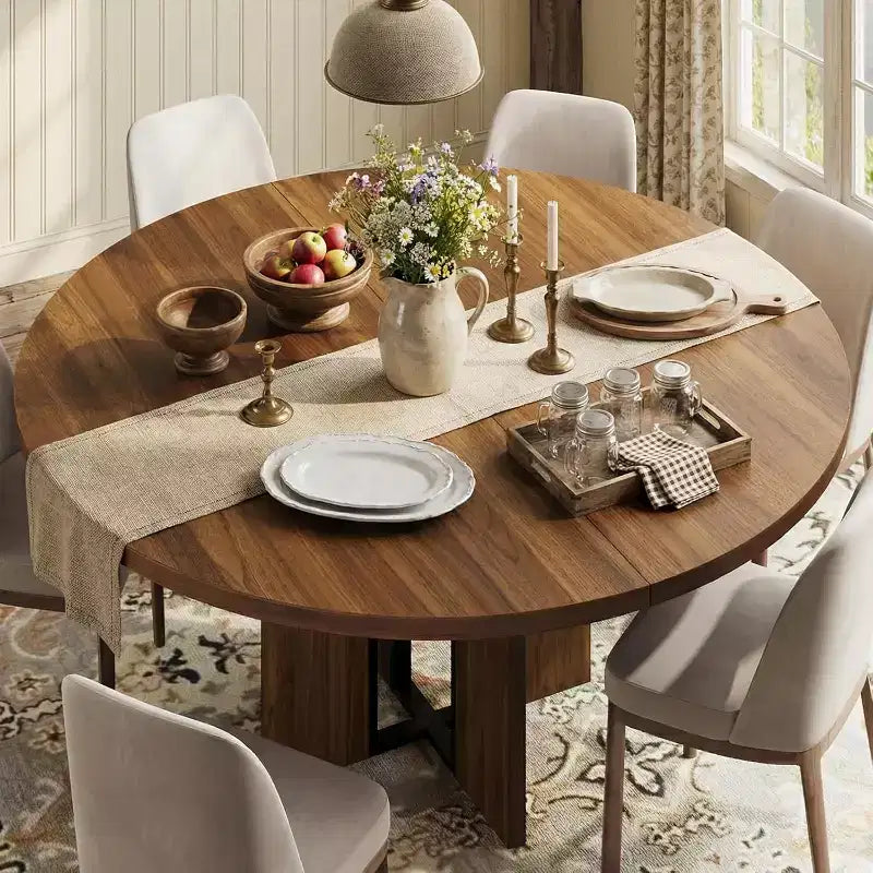Table à manger ronde extensible 47-63 pour 4-8 personnes, table de cuisine extensible en bois de style ferme avec cadre métallique, ovale peu encombrante pour appartement, gris rétro