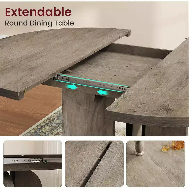 Table à manger ronde extensible 47-63 pour 4-8 personnes, table de cuisine extensible en bois de style ferme avec cadre métallique, ovale peu encombrante pour appartement, gris rétro