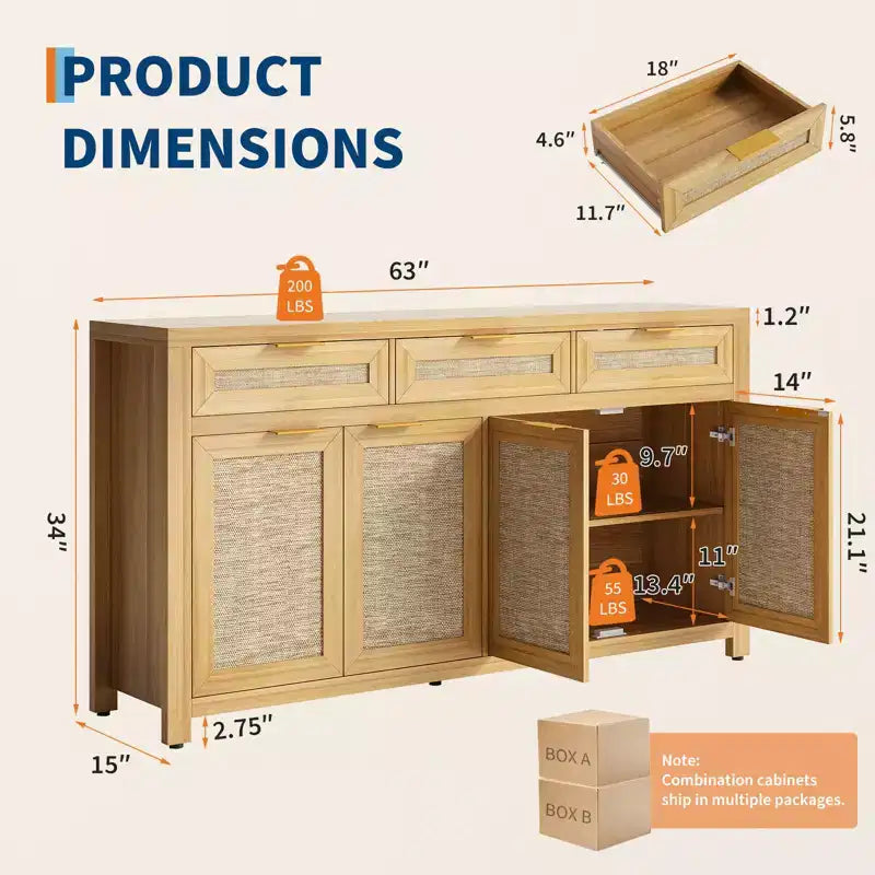 Buffet de salle à manger avec rangement de 160 cm, Bahut de style rustique avec bar à café, 3 tiroirs, 4 portes et étagères réglables pour salle à manger et cuisine