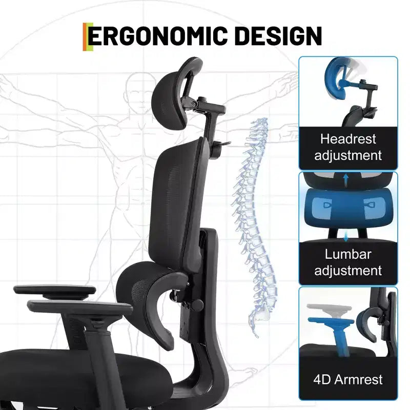 Chaise de bureau ergonomique en maille, Chaise de bureau à dossier haut avec support lombaire réglable 136 kg, Accoudoirs relevables 4D, Dossier inclinable sur 3 niveaux, Appuie-tête 3D, Roues en PU