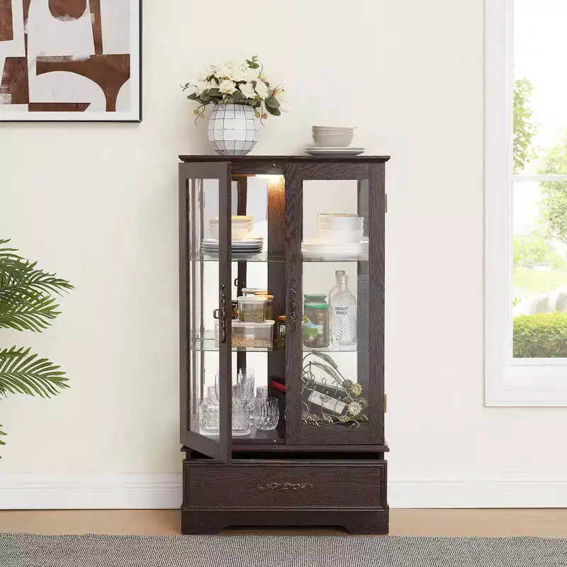 Vitrine en verre éclairée avec étagères réglables - Vitrine élégante à 2 portes et tiroir intégré, ampoule incluse