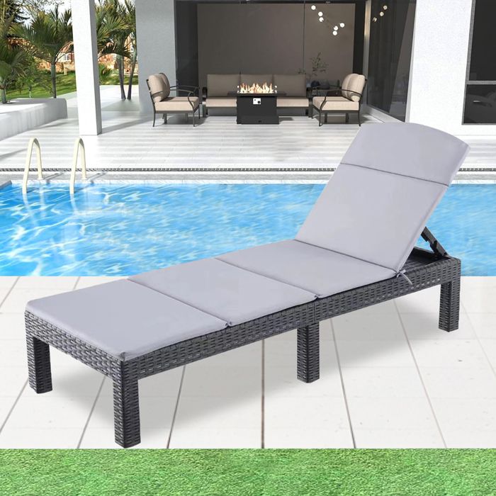 Bain de soleil -Chaise longue de jardin avec coussin gris, inclinable multi-positions,, pour piscine, terrasse et extérieur