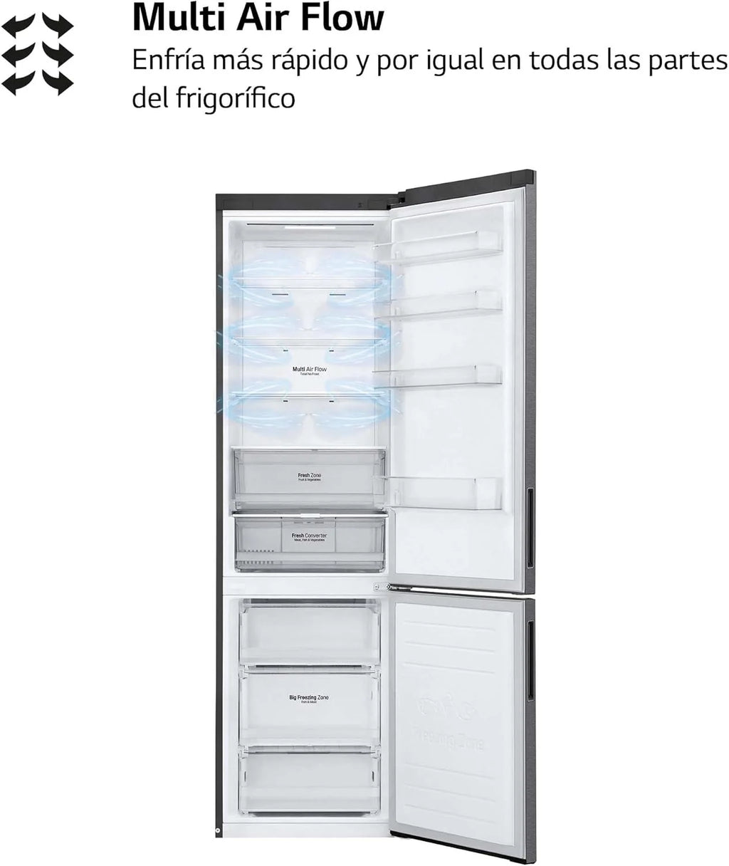 LG GBP61DSXGC – Réfrigérateur combiné No Frost avec congélateur, compresseur Smart Inverter, inox anti-traces, 186 cm, 341 L