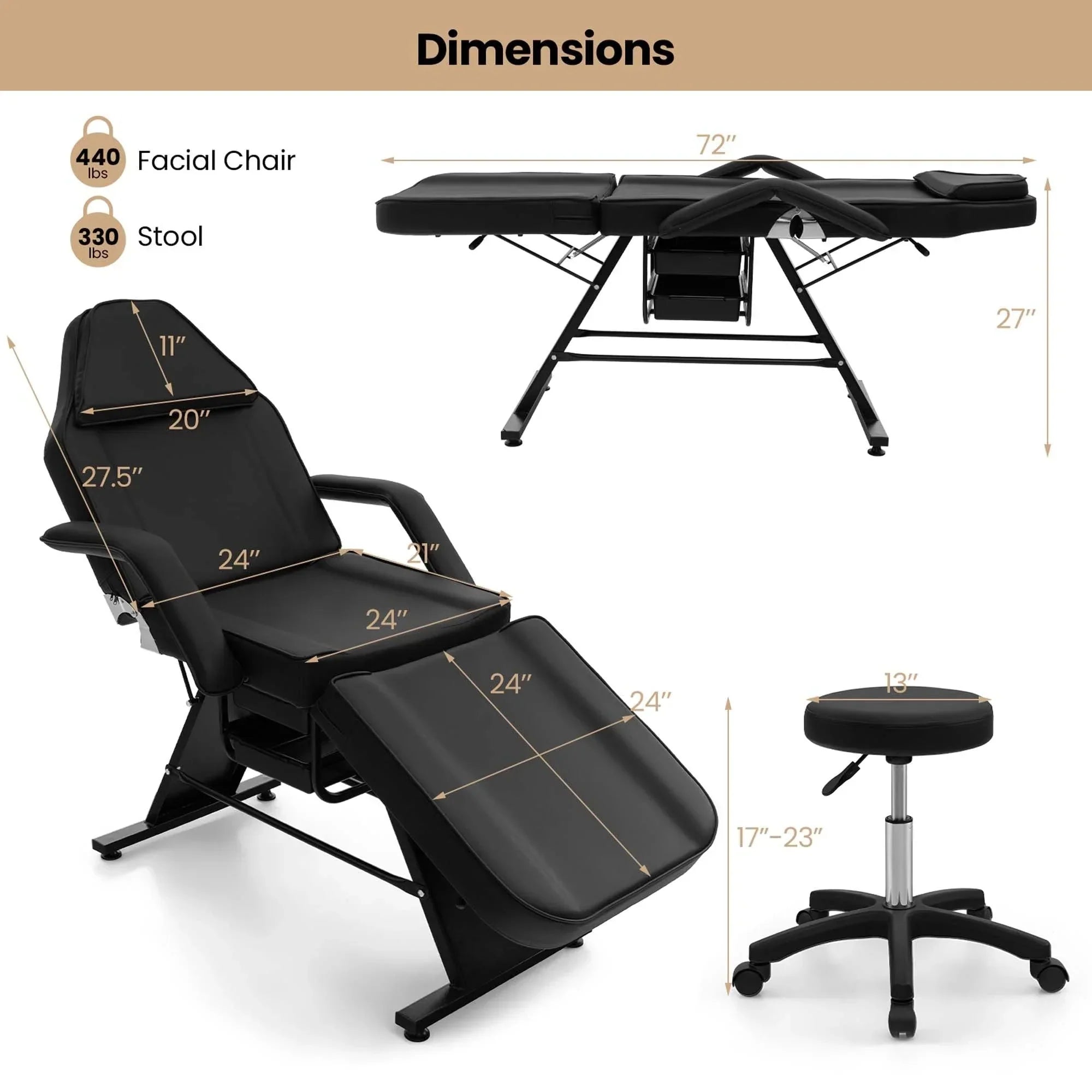Costway Lit de massage 72" avec tabouret hydraulique et dossier réglable