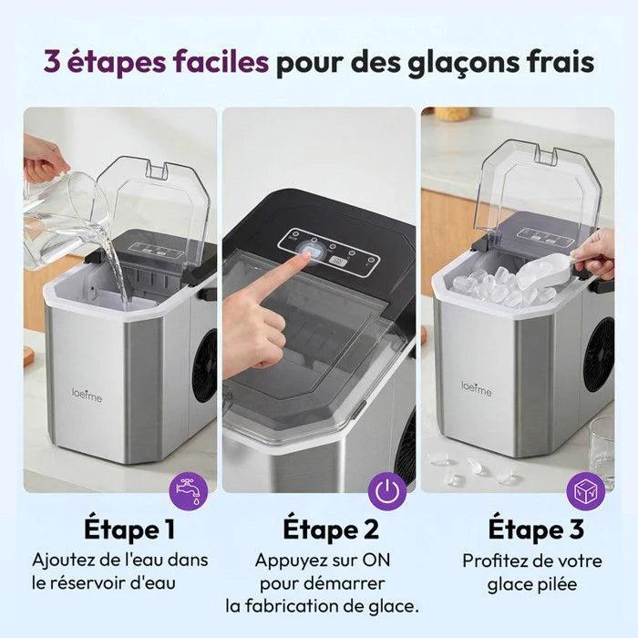 LOEFME Machine à glaçons 1.2L-9 Glaçons en 6 min 12kg/24h- autonettoyante silencieuse, deux tailles de glace，Avec support