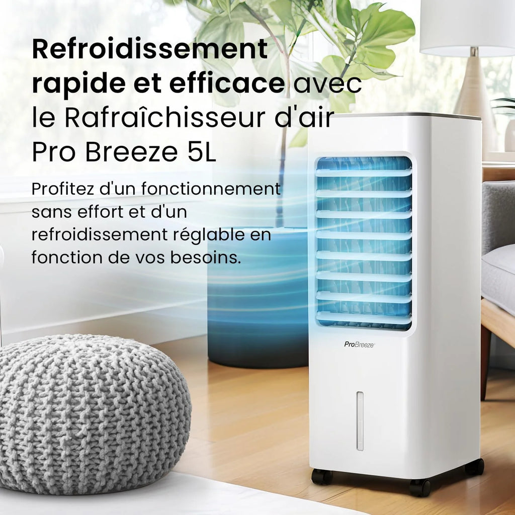 Pro Breeze Rafraîchisseur d'Air Portable 5L, Ventilateur, Humidificateur, 3 Vitesses, Oscillation Automatique, Minuterie, Télécommande - Refroidisseur d'Air par évaporation Mobile et Puissant