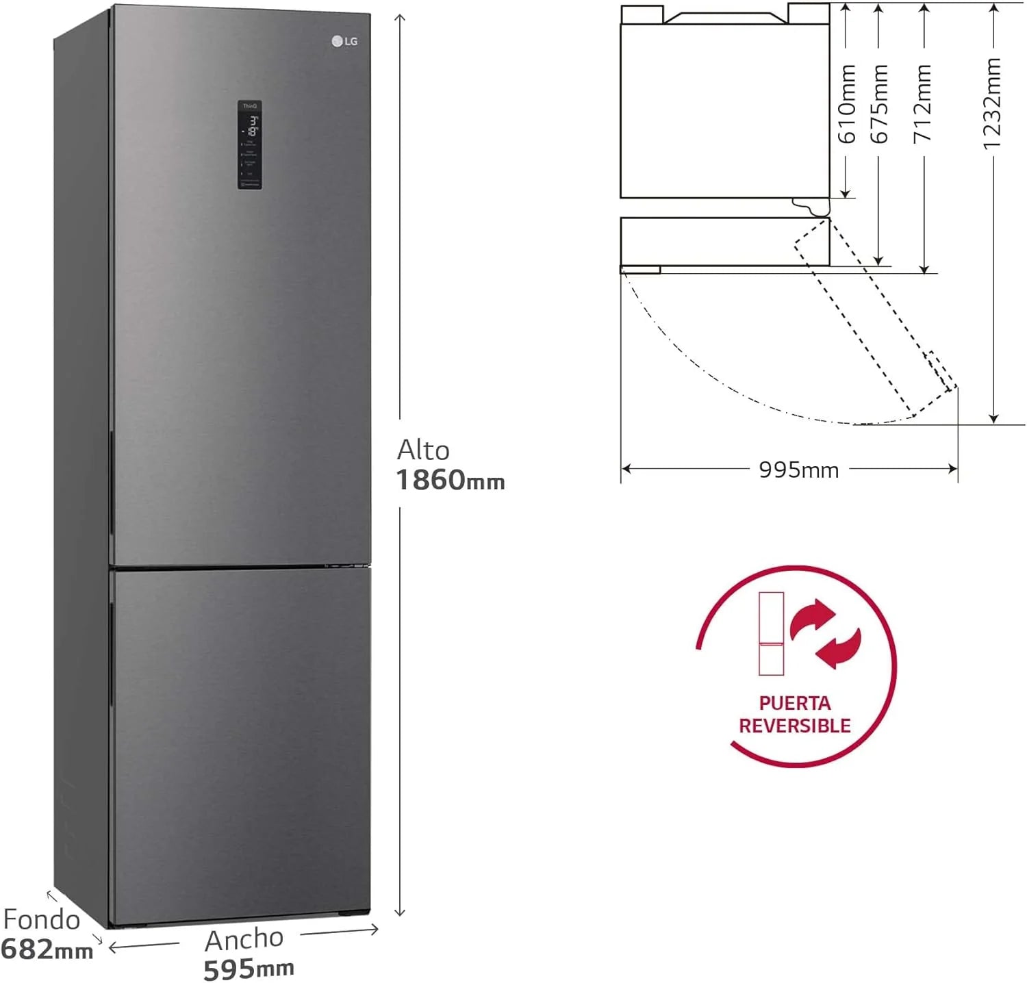LG GBP61DSXGC – Réfrigérateur combiné No Frost avec congélateur, compresseur Smart Inverter, inox anti-traces, 186 cm, 341 L