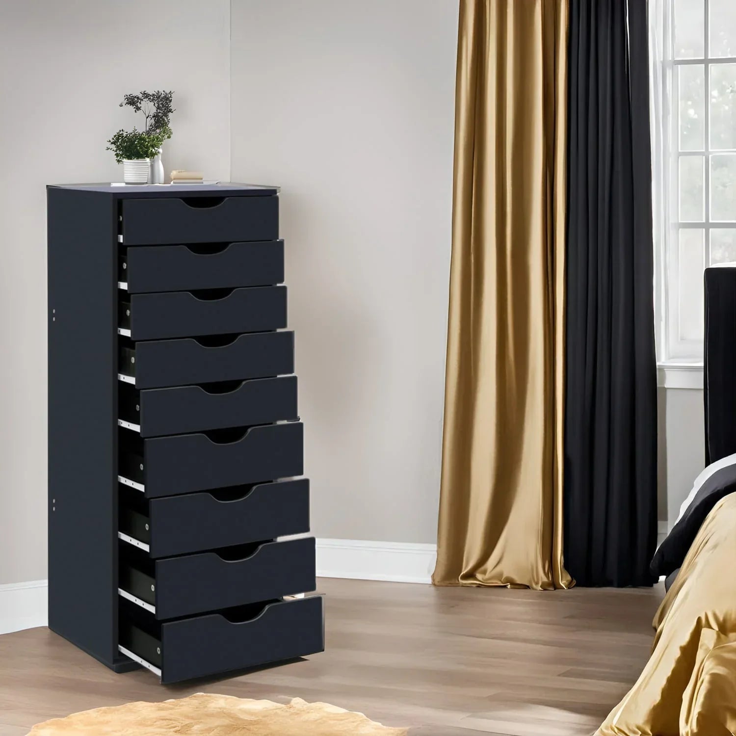 Étroite commode en bois à 9 tiroirs coulissants et étagère de rangement supérieure