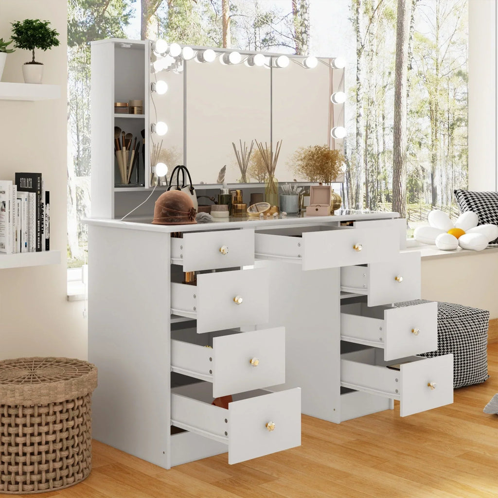 Coiffeuse avec miroir triptyque éclairage certifié et plateau en verre