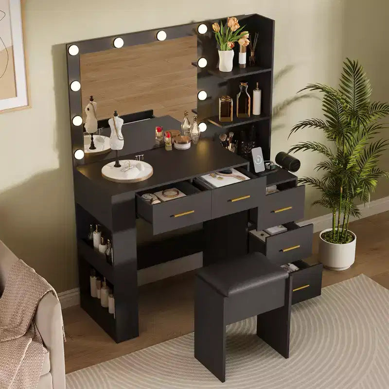 Miroir 10 ampoules | Prises intégrées Grande coiffeuse de 104 cm avec miroir et 3 modes d'éclairage - Table de maquillage avec tabouret et 5 tiroirs pour chambre à coucher