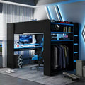 Lit mezzanine double Luxystar avec bureau réglable lumineux, armoire ouverte et bibliothèque