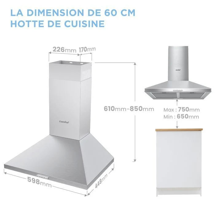 Hotte Aspirante 60cm Comfee - 400 m³/h - Classe A++ - 2 Filtres à Charbon - 3 Vitesses - Recyclage & Évacuation - LED lampe - Inox