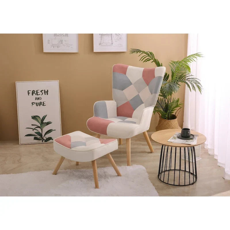 Fauteuil d'appoint avec pouf, ensemble fauteuil et pouf de salon, fauteuil d'appoint confortable pour chambre à coucher, surface en tissu à épissures créatives