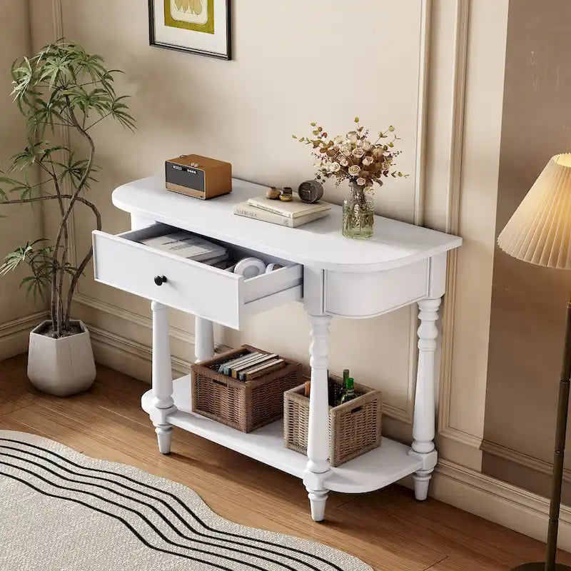 Console étroite rétro avec coin incurvé, tiroir supérieur et étagère ouverte