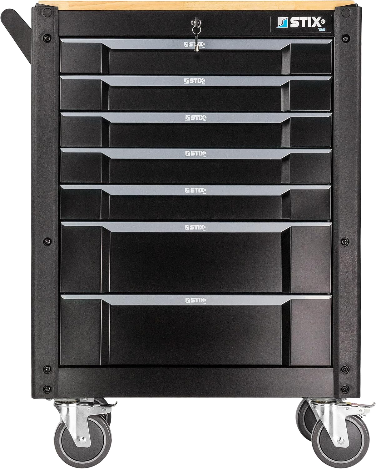 Stix UltimatePro C7/TS1 – Servante d’atelier avec 267 outils Cr-V, 7 tiroirs sur roulements, roulettes et plan de travail en bois