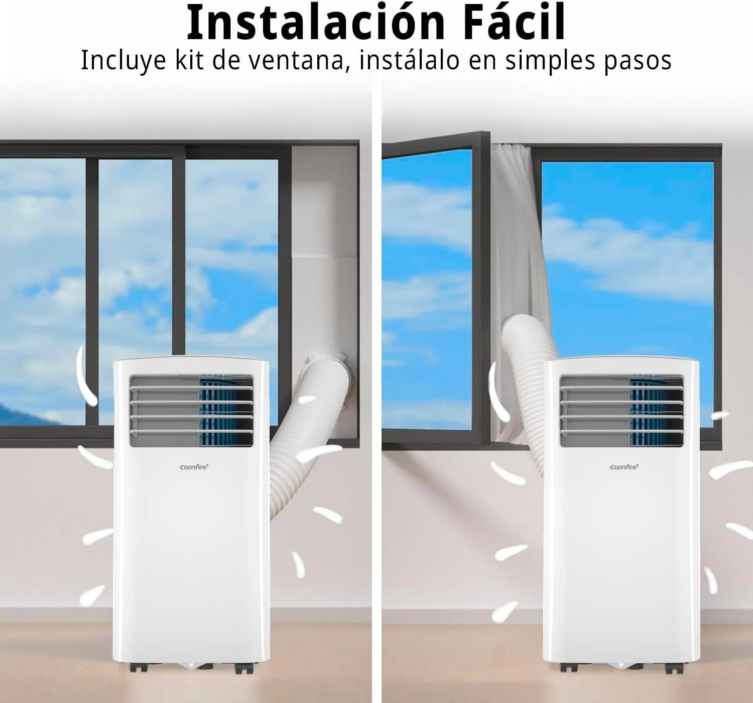 COMFEE Climatiseur mobile 8000 BTU / 2000 frigories – Sans unité extérieure – Silencieux et basse consommation avec kit fenêtre | 3-en-1 : refroidit, ventile et déshumidifie