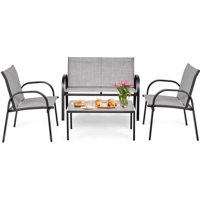 COSTWAY Ensemble Salon de Jardin 4 Places, 2 Fauteuils, 1 Canapé et 1 Table Basse en Verre, Tissu Respirant Anti-UV, Noir