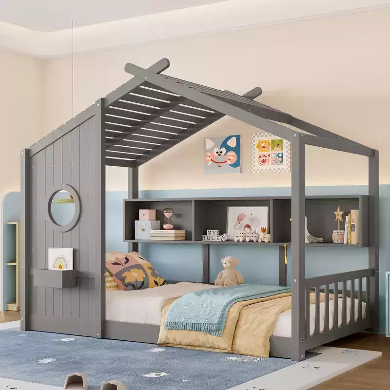 Lit cabane cabane Montessori pour enfant avec étagère de rangement - ModernLuxe