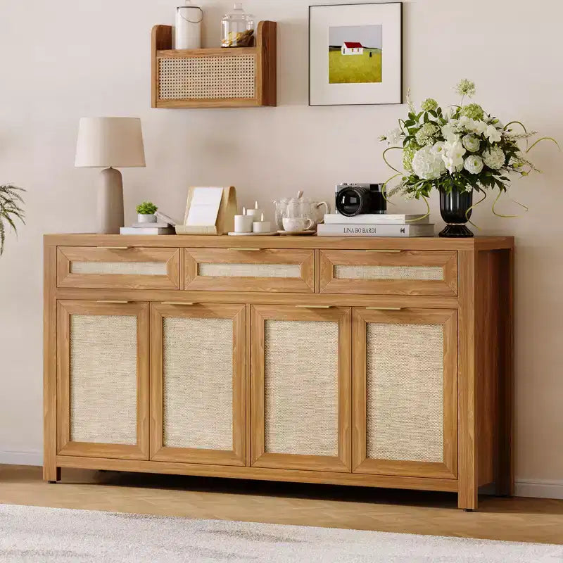 Buffet de salle à manger avec rangement de 160 cm, Bahut de style rustique avec bar à café, 3 tiroirs, 4 portes et étagères réglables pour salle à manger et cuisine