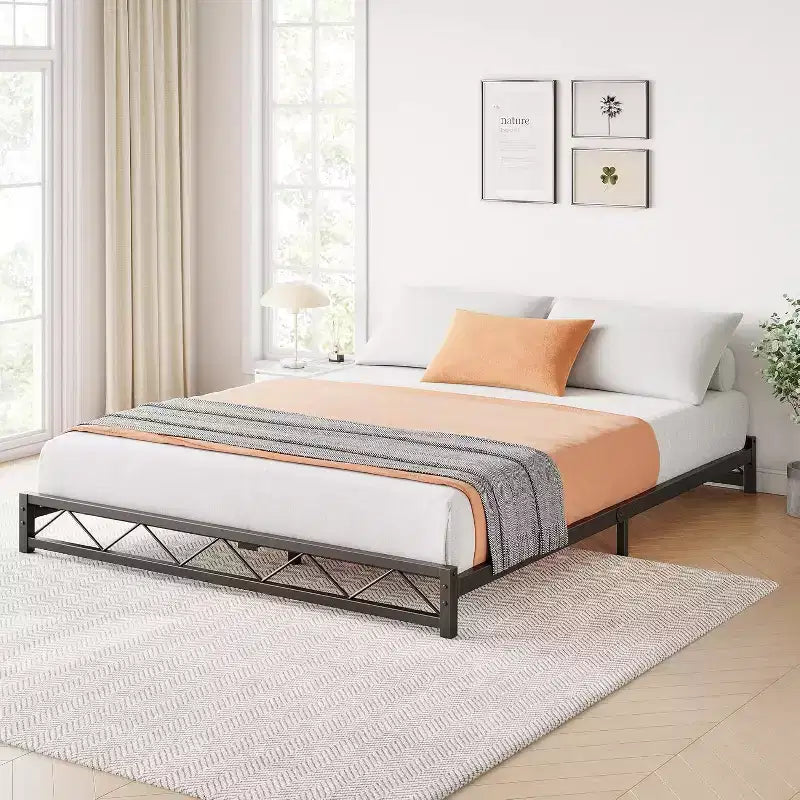 Lit plateforme en métal ondulé 1 pièce – 6 profil bas taille Queen, lattes en acier, aucun sommier tapissier requis, convient aux matelas standards