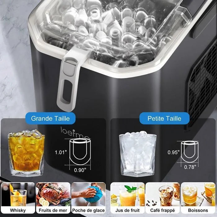 LOEFME Machine à glaçons 1.2L-9 Glaçons en 6 min 12kg/24h- autonettoyante silencieuse, deux tailles de glace，Avec support