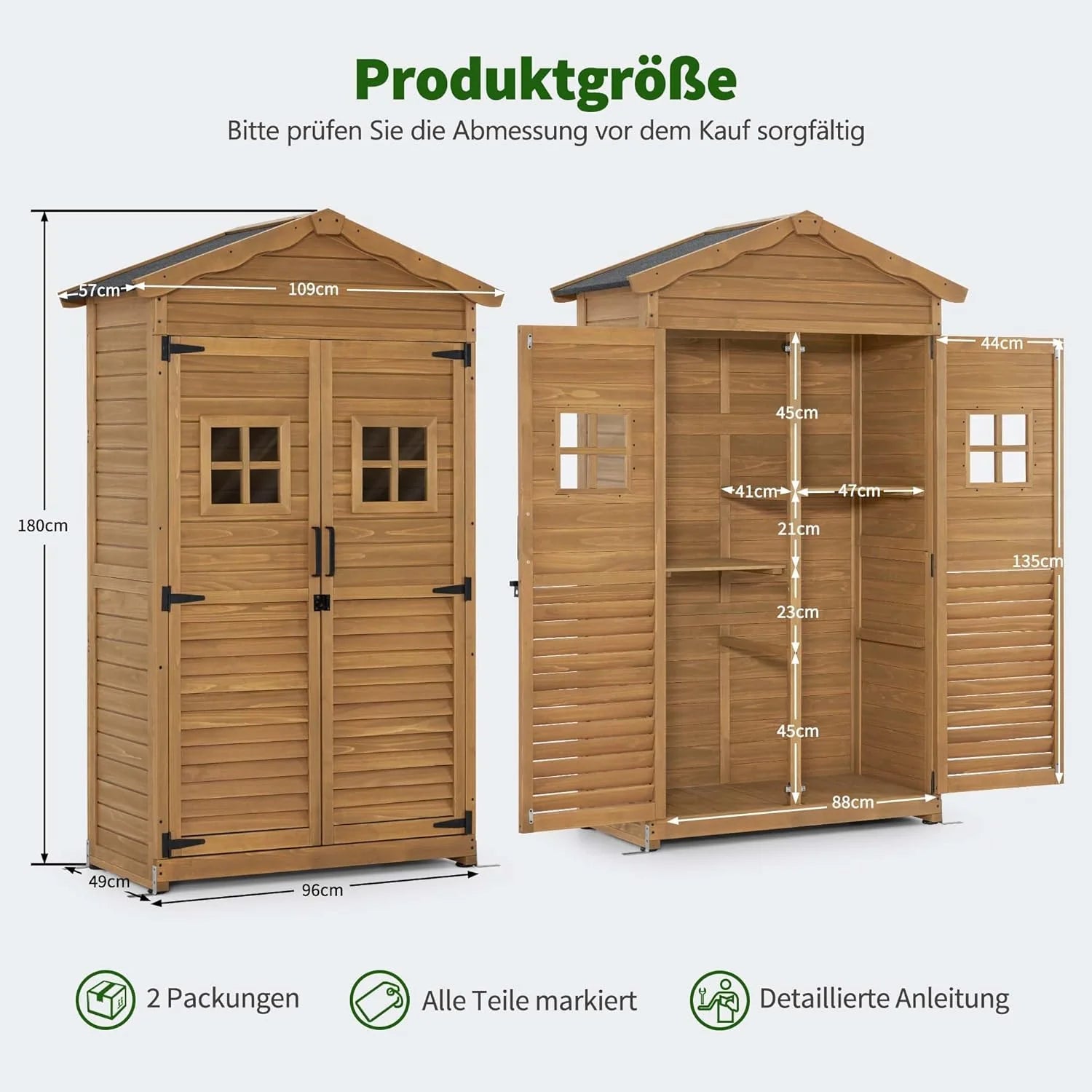 M MCombo Armoire de jardin en bois résistante aux intempéries, armoire à outils extérieure 57 × 109 × 180 cm, modèle 1152, naturel