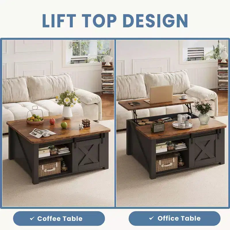 Table basse relevable JIONJOY 31,5" avec grand espace de rangement dissimulé, étagères réglables, table basse carrée de style ferme pour salon, petits espaces