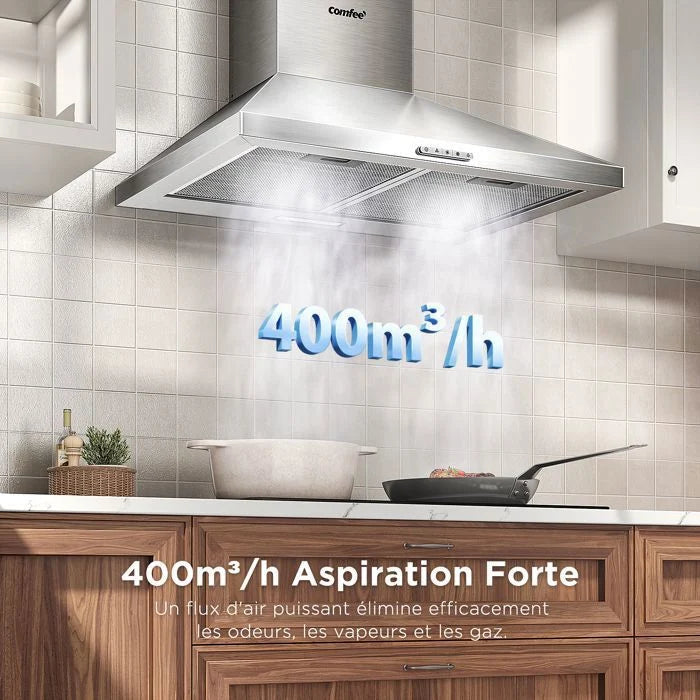 Hotte Aspirante 60cm Comfee - 400 m³/h - Classe A++ - 2 Filtres à Charbon - 3 Vitesses - Recyclage & Évacuation - LED lampe - Inox