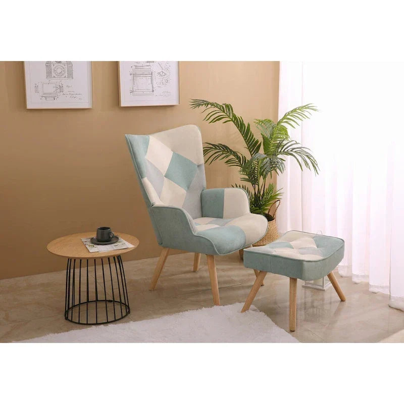 Fauteuil d'appoint avec pouf, ensemble fauteuil et pouf de salon, fauteuil d'appoint confortable pour chambre à coucher, surface en tissu à épissures créatives