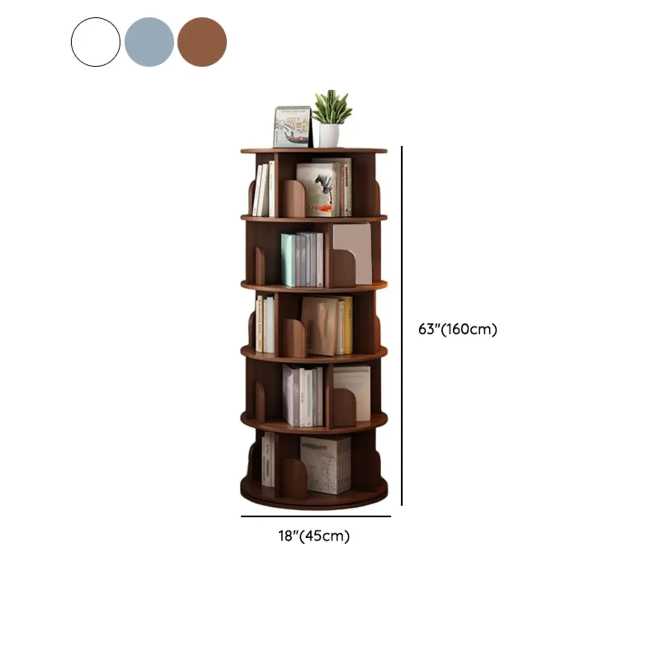Bibliothèque cylindrique en bois brun à dos ouvert et rotative