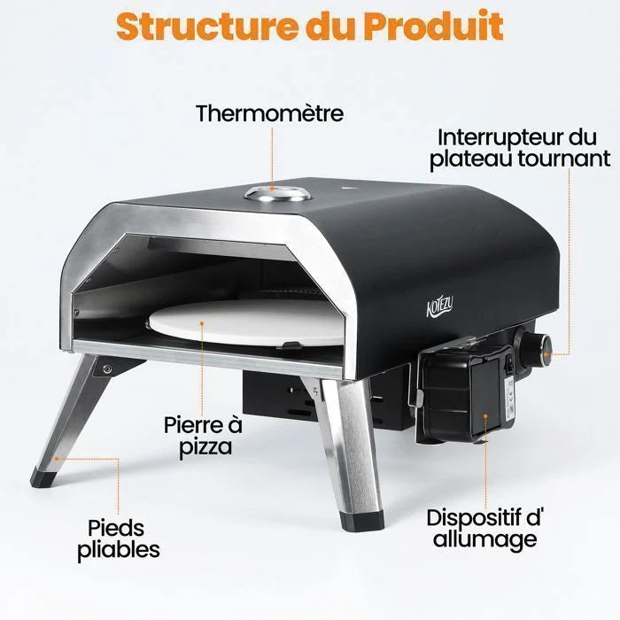 KOTEZU Four à Pizza Gaz 12", Pierre Rotative Auto, 4,4 kW, Thermomètre